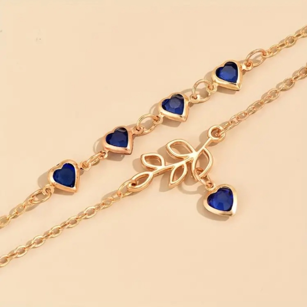 Blue Heart and Leaf Gold Toned Anklet - Picture 2 of 3